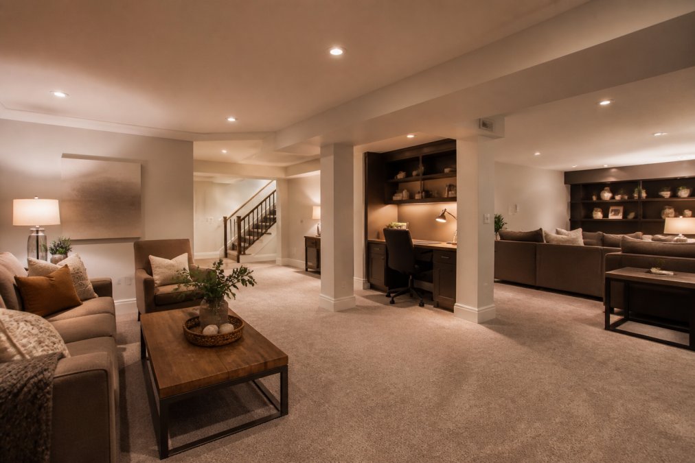 Professional finished basement with distinct zones: a cozy seating area with warm dimmable lighting on one side, a compact home office nook with built-in desk and task lighting, and an entertainment section with comfortable furniture, all flowing seamlessly in an open layout with light-colored walls