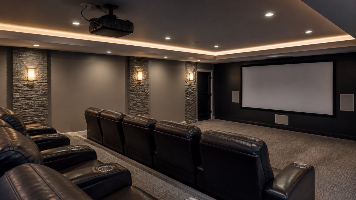 A finished basement home theater with a large fixed projector screen on a dark feature wall, rows of recliners with cup holders, dim ambient lighting, and a projector mounted on the ceiling