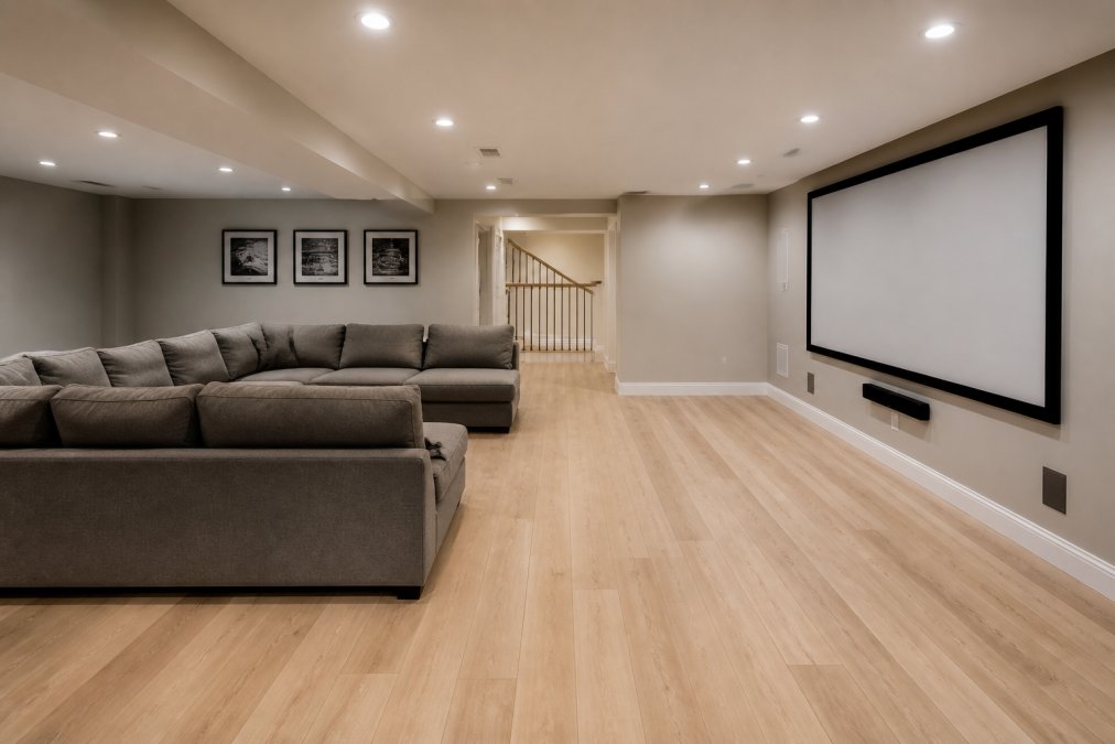Bright finished basement featuring light oak luxury vinyl plank basement flooring with a gray sectional sofa.