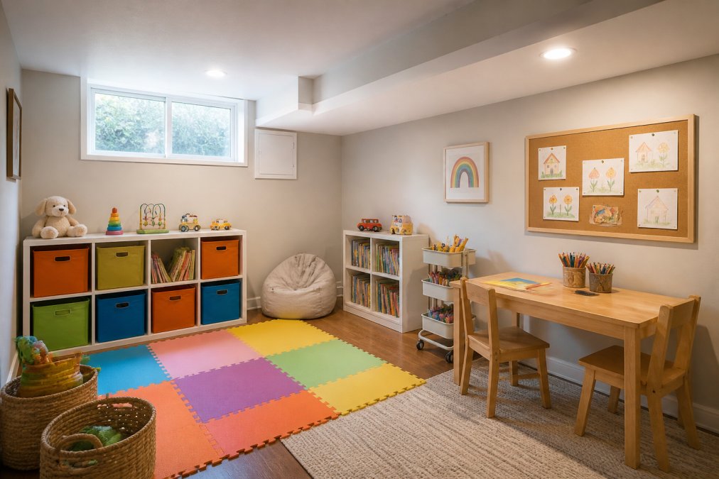 Bright finished basement playroom with children's colorful storage cubbies, soft foam play mats, a small wooden desk with art supplies, and natural light from a basement window