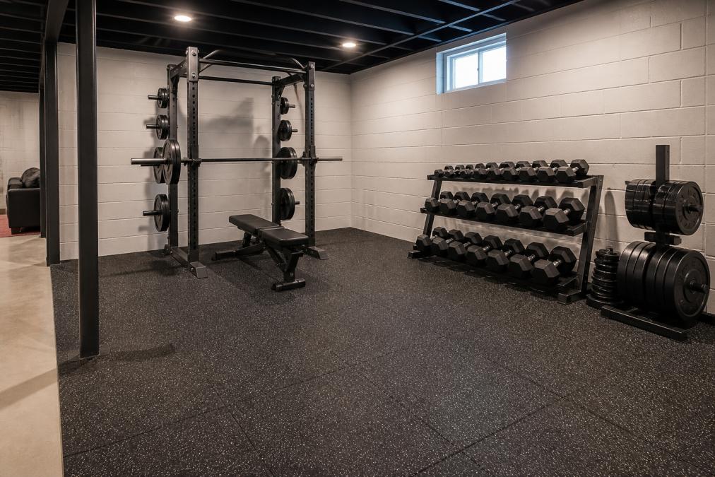 Professional home gym with rubber flooring installed, dumbbells arranged on protective surface, squat rack secured to floor, weight plates stacked neatly, overhead lighting illuminating the workout zone
