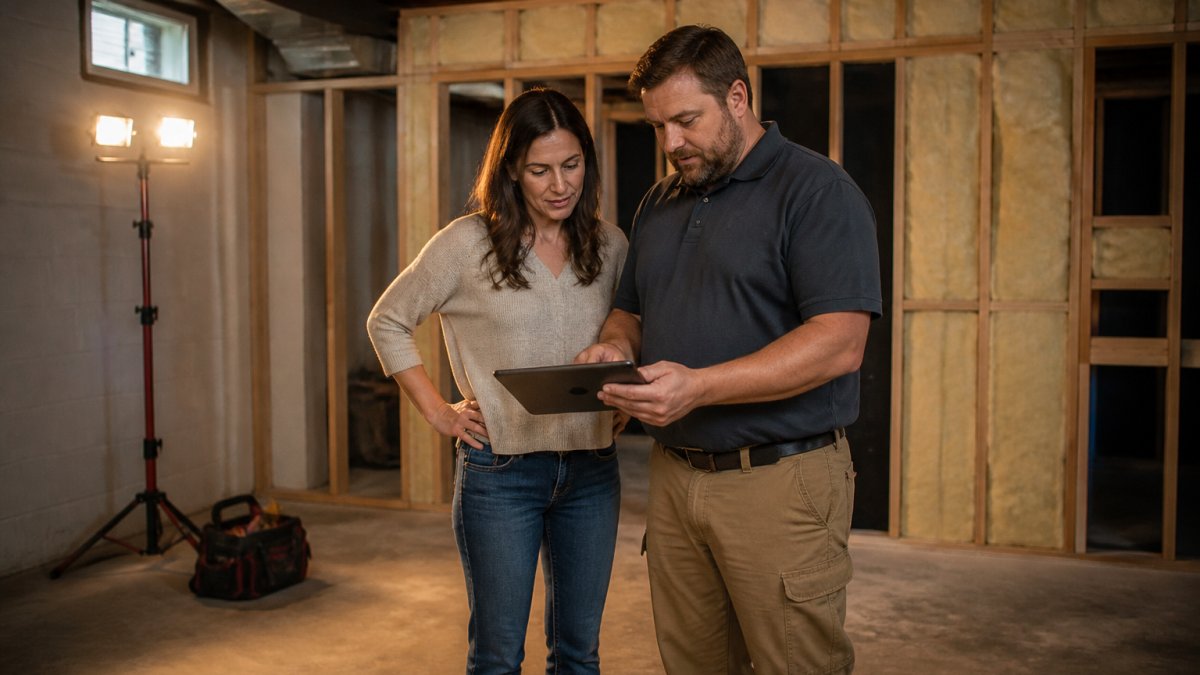 A project manager and homeowner reviewing basement renovation plans on a tablet inside a partially finished basement with exposed framing and new insulation, work light casting warm light on concrete floor