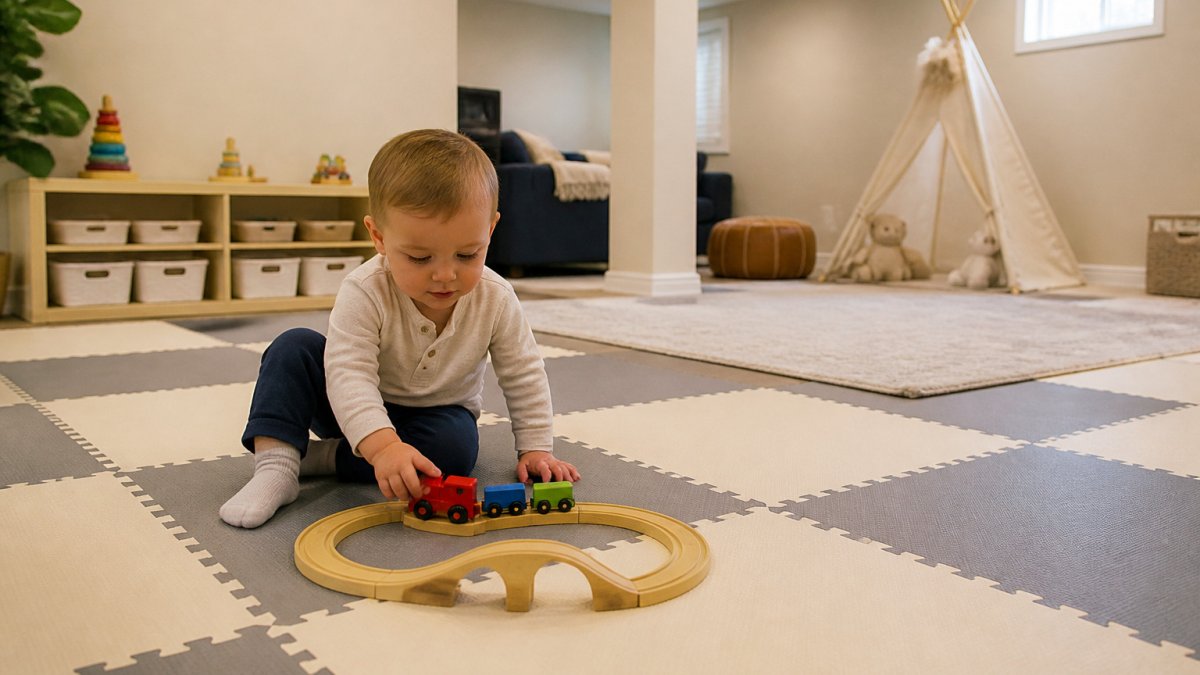 Toddler playing on soft foam floor tiles in a bright, safe basement play area with a rug nearby.
