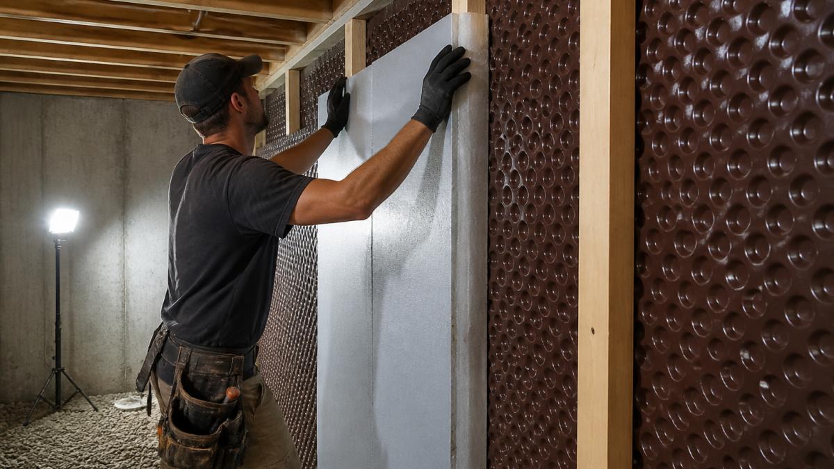 Contractor installing rigid foam insulation on a basement wall for preventing mold by reducing condensation.