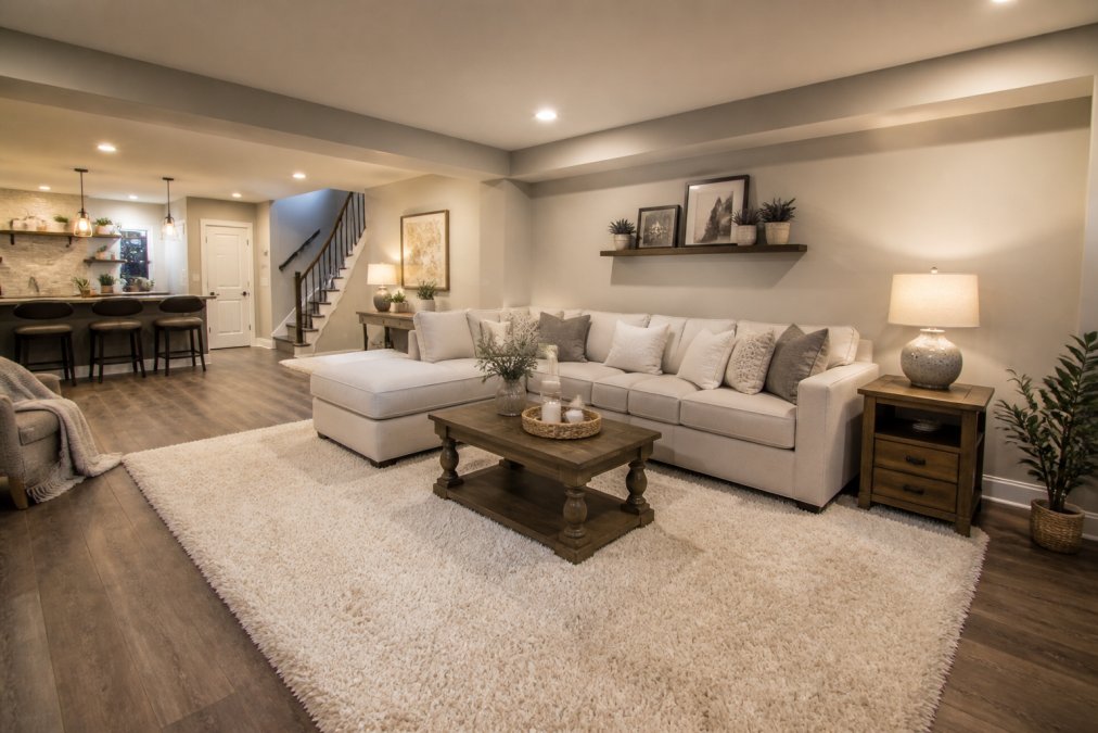 A bright, finished basement living area with a comfortable sofa, warm lighting, and a large area rug, showing a welcoming family space