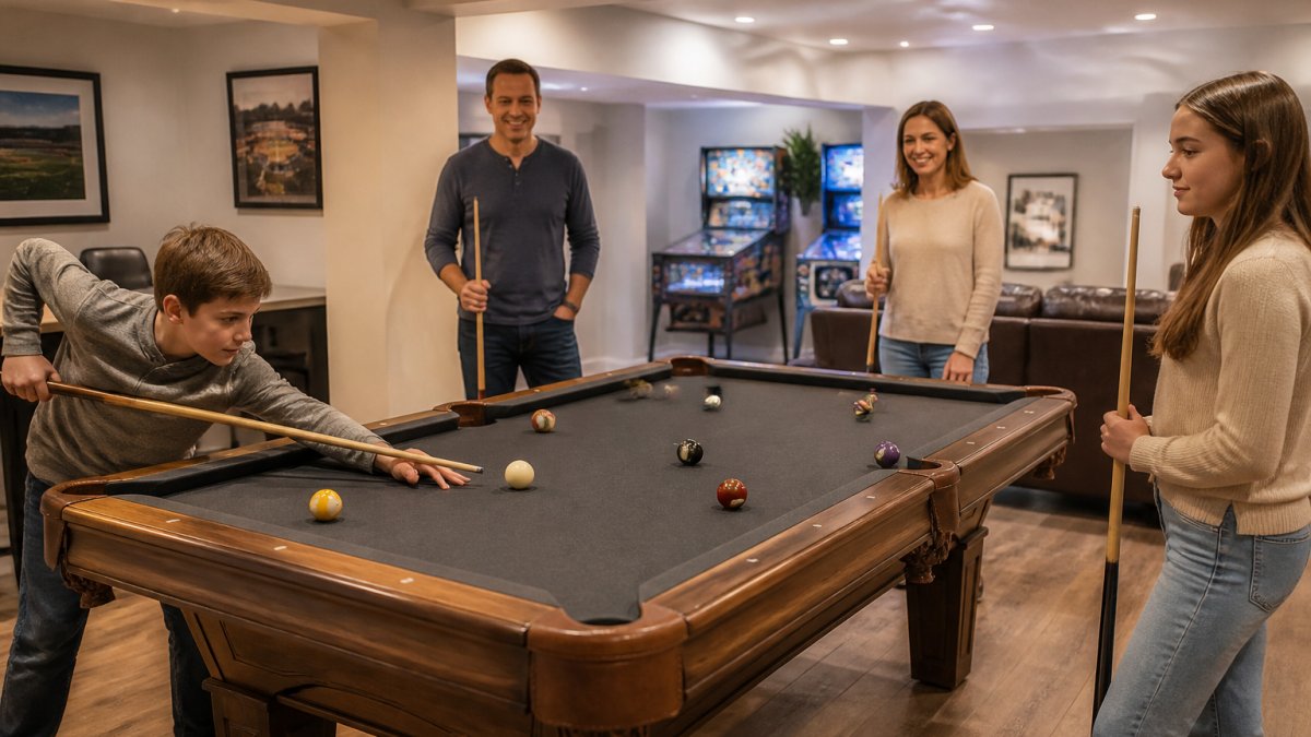 Infographic showing family-friendly basement entertainment alternatives like pool and arcade game zones.