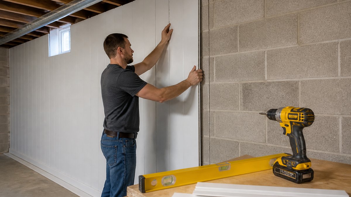 A basement renovation in progress showing interlocking PVC wall panels being installed over concrete block walls, with a level and cordless drill on a nearby workbench