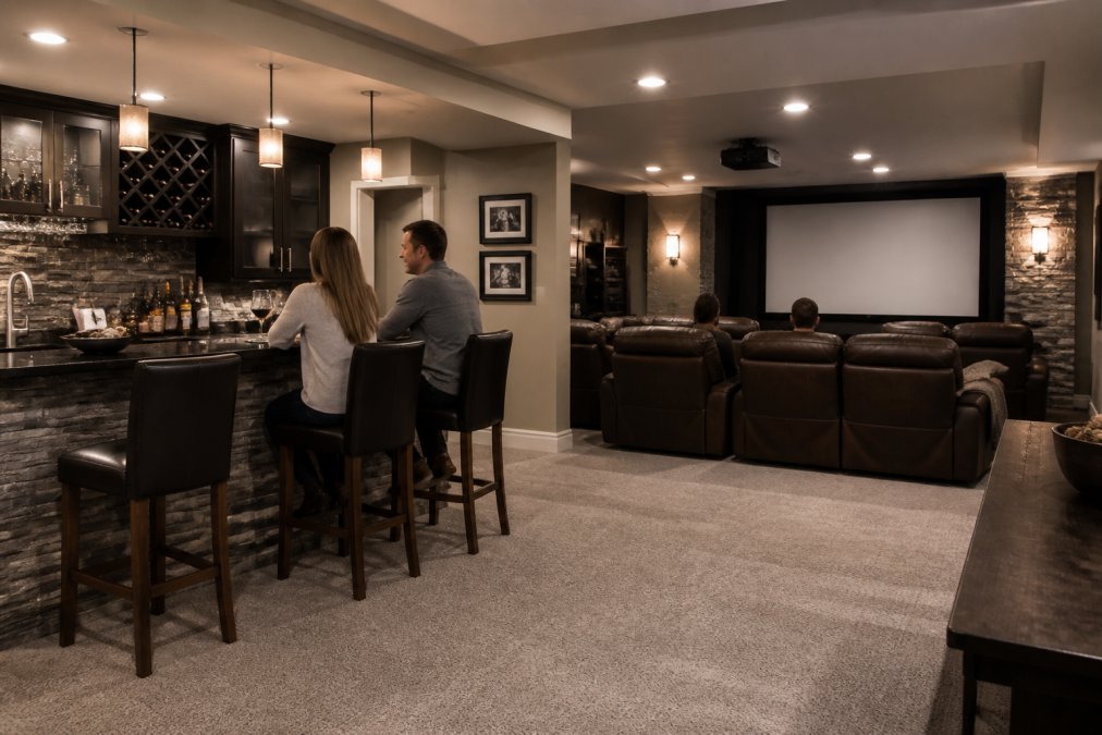 A finished basement combining a wet bar and home theater for relaxing family movie nights at home.