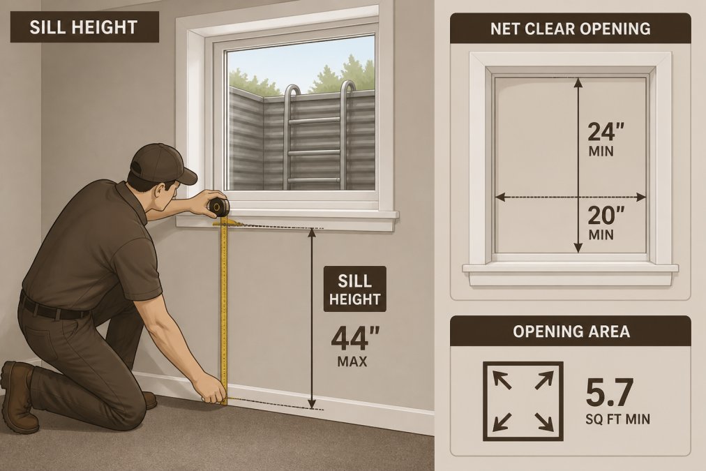 Professional measuring basement egress window sill height from finished floor with tape measure, showing the window frame and opening dimensions in natural basement lighting