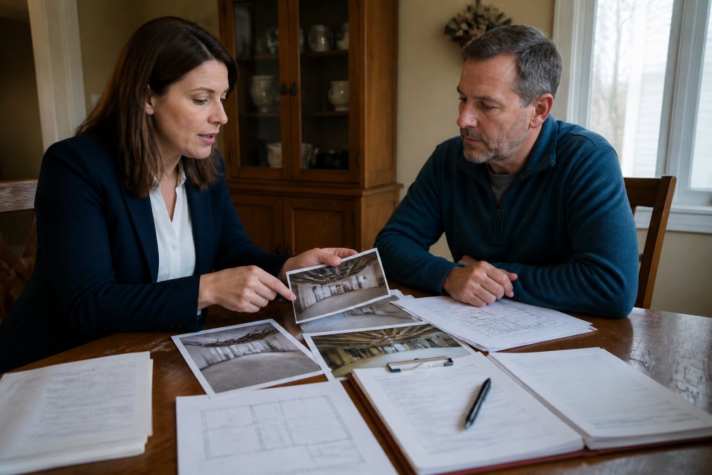 Homeowner and insurance agent reviewing basement renovation photographs and construction invoices at a dining room table with blueprints and policy documents spread out