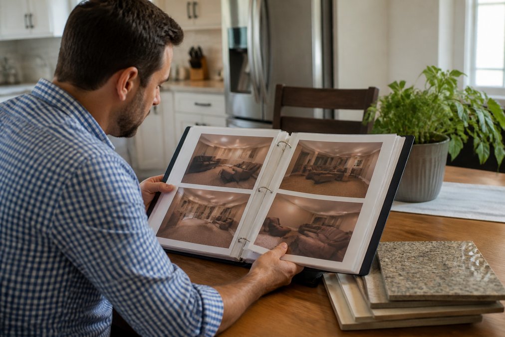 Homeowner reviewing a contractor's portfolio of finished basement projects, examining before-and-after photos and project documentation at a kitchen table with natural afternoon lighting