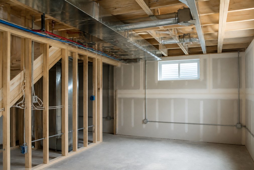 Finished basement space under renovation showing interior framing, freshly installed drywall, exposed HVAC ductwork being routed through the ceiling, and electrical conduit running along the walls with natural lighting from a small window