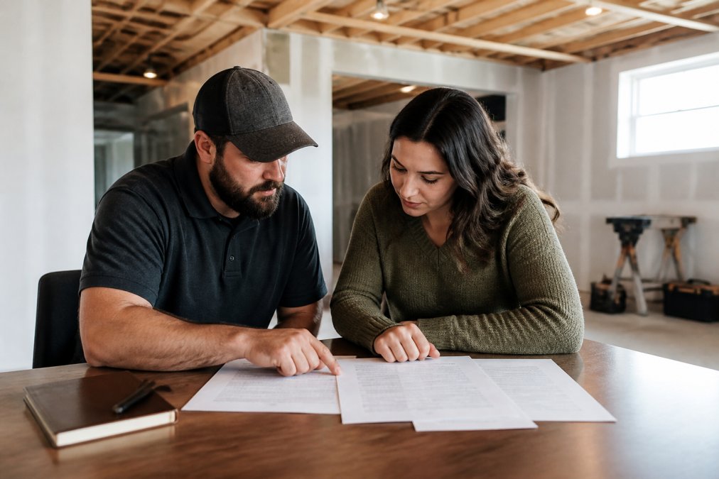 Checklist infographic showing a homeowner and contractor reviewing a basement finishing guarantee contract.