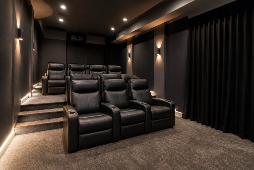 Tiered reclining seats and ambient LED lighting in a finished basement home theater design with hidden cable management