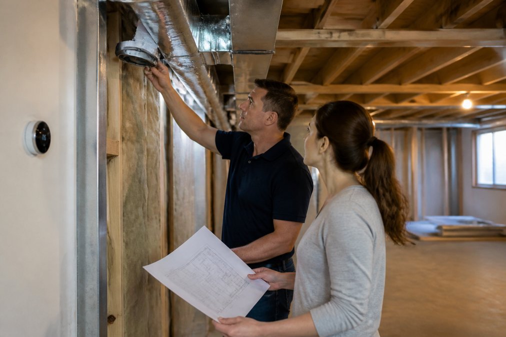 Contractor adjusting ductwork for a basement remodel layout while a homeowner reviews the building plans