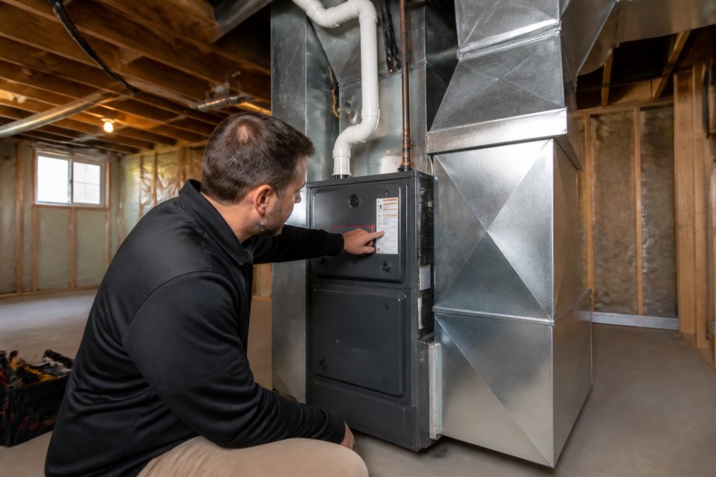 Professional HVAC technician pointing to furnace capacity nameplate and ductwork layout in basement, with return air duct and supply trunk clearly visible, natural basement lighting