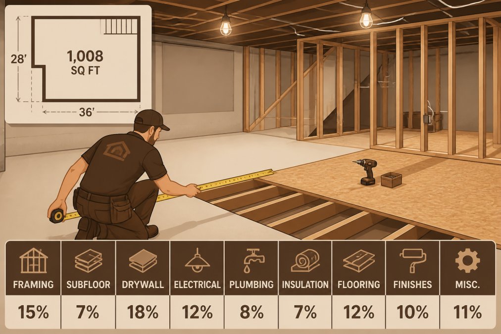 Contractor measuring basement square footage with tape measure, showing subfloor installation and wooden framing work in progress under bright work lights