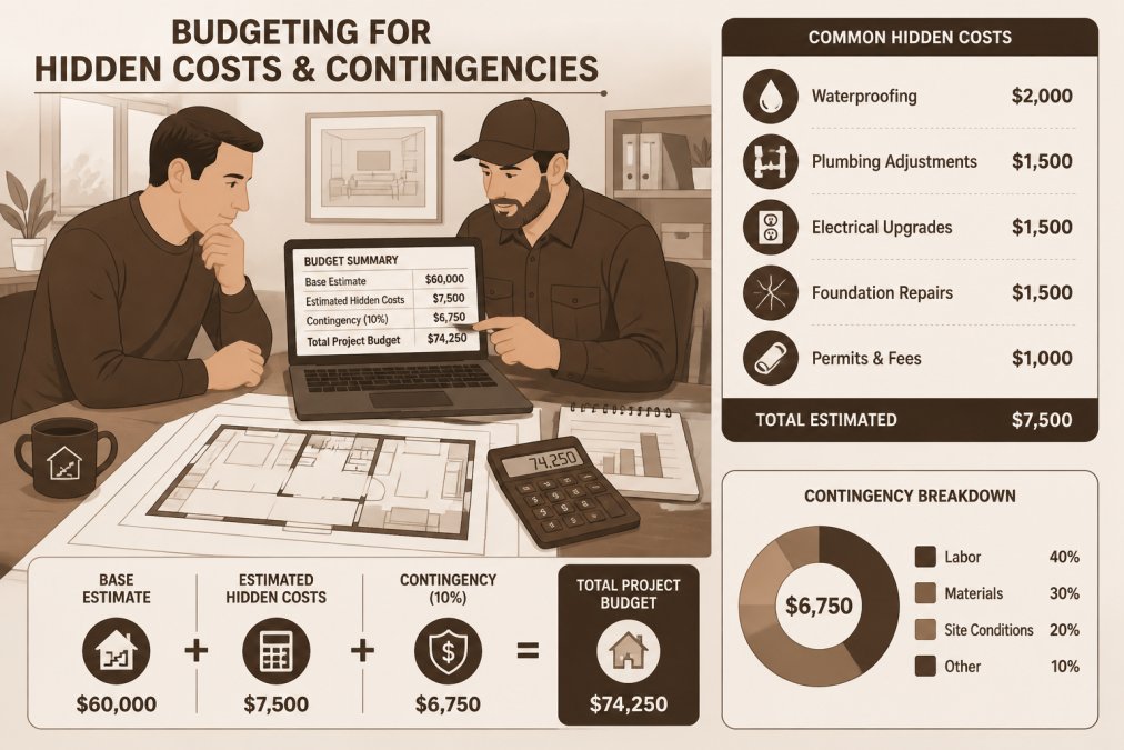 Homeowner and contractor reviewing renovation plans and budget spreadsheet at a table with blueprints, cost estimates, and calculator in natural office lighting