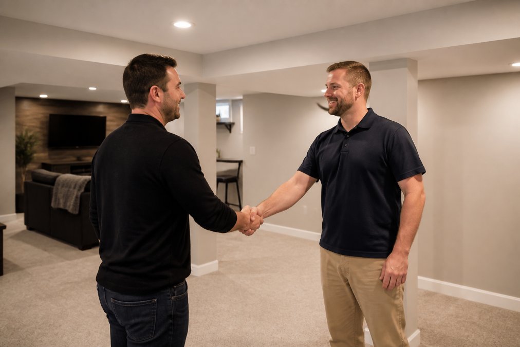 A homeowner shaking hands with a contractor in a newly finished basement with drywall and recessed lighting