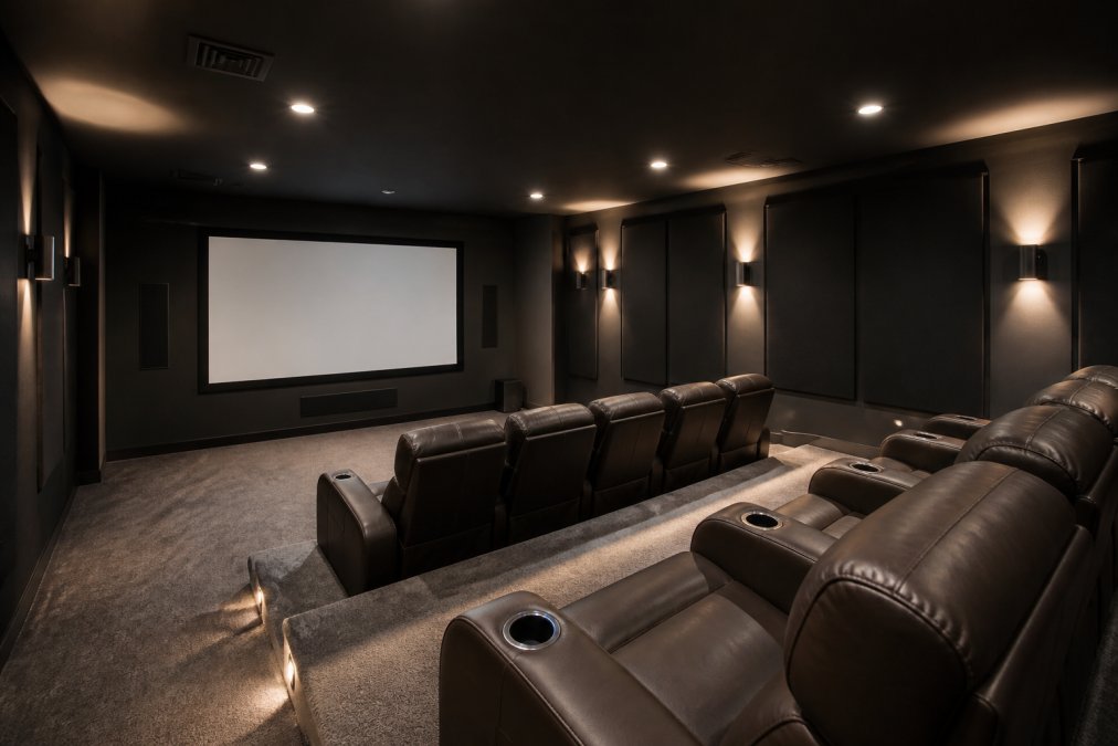Finished basement home theater with tiered seating platforms, recessed lighting in ceiling, acoustic treatment panels on walls, and a large projection screen mounted on the front wall with dark acoustic fabric surround