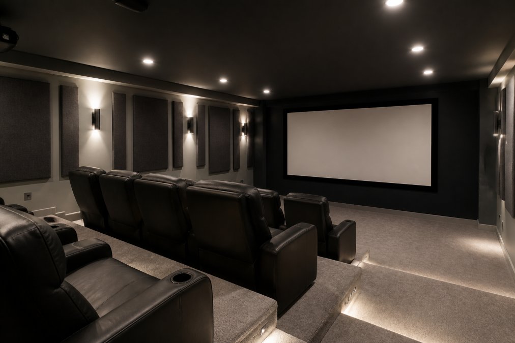 Professional illustration showing Finished for basement renovation cost for home theater
