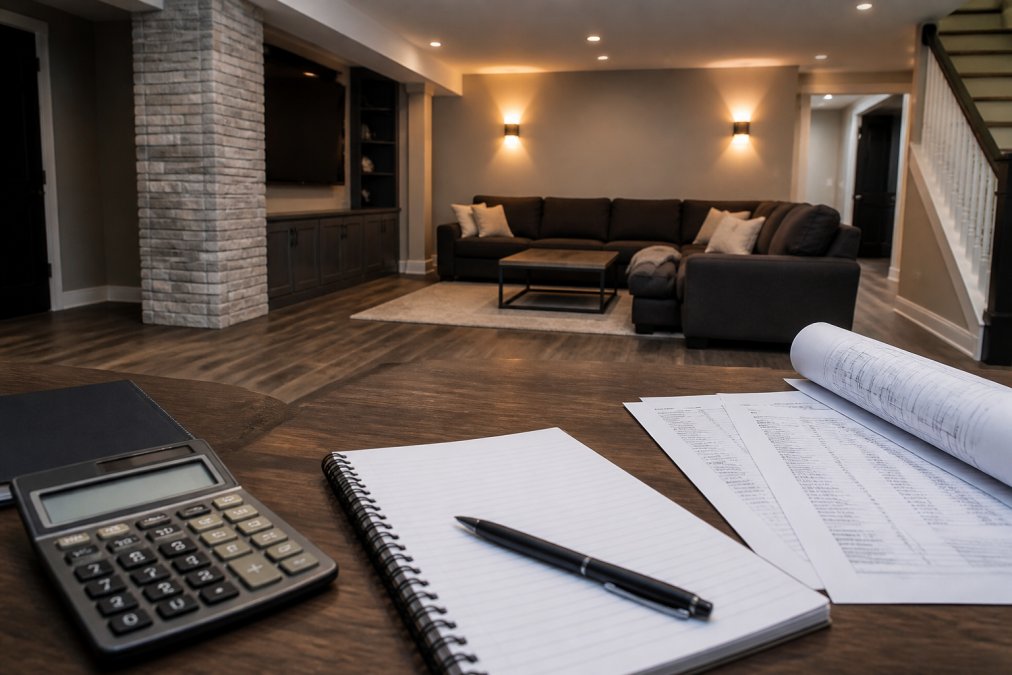 A finished basement living space with smooth drywall, recessed lighting fixtures, and luxury vinyl plank flooring, showing a modern entertainment area with sectional seating under warm ambient light