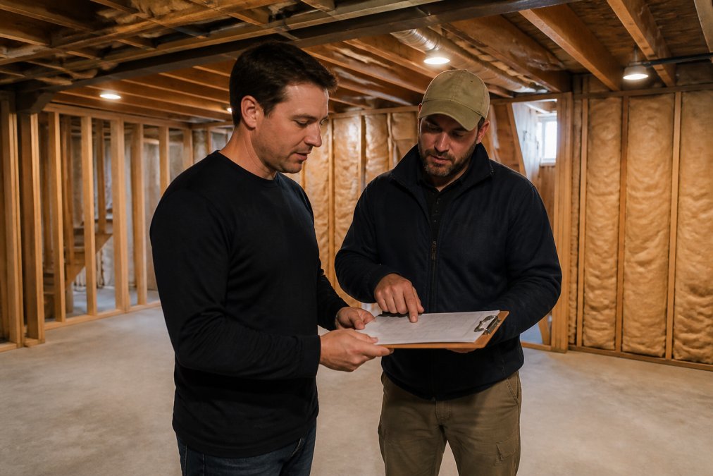 A homeowner and a contractor reviewing renovation plans on a clipboard in a partially finished basement with wood framing and batt insulation visible on the walls, under bright work lighting
