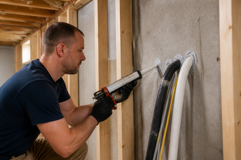 Contractor applying acoustic sealant around basement wall penetrations where pipes and electrical conduits pass through, showing proper sealing technique with caulk gun in a basement framing environment
