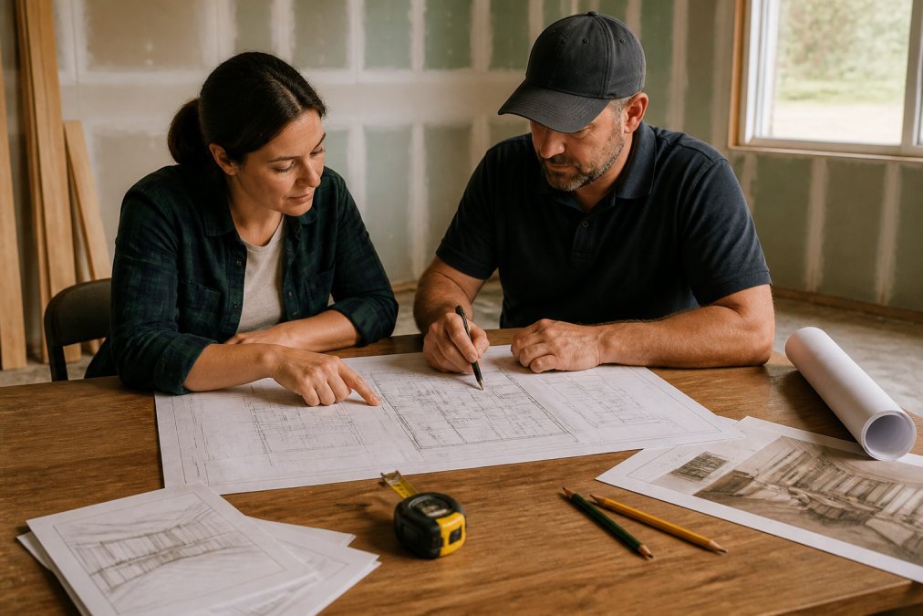 Homeowner and contractor reviewing detailed basement renovation scale drawings on a wooden table, with measuring tape, pencils, and design sketches spread across the surface under bright natural light