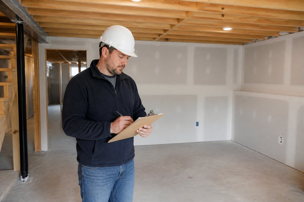 Professional general contractor inspecting finished basement elements while reviewing detailed project documentation on a clipboard, with completed drywall and framing visible in the background