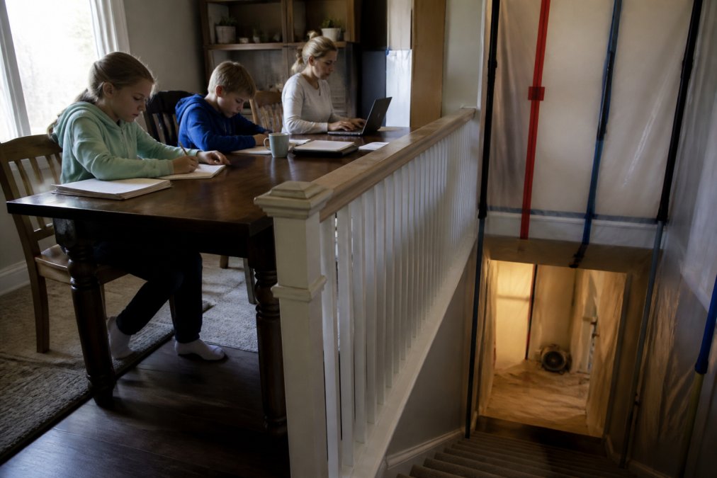 Family working in home office upstairs while construction dust containment barriers and plastic sheeting are visible at the basement stairwell entrance below, showing reality of living through renovation