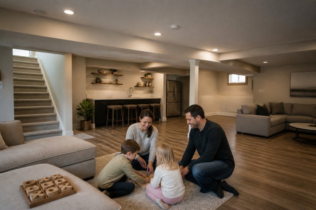 Bright finished basement with modern furniture, recessed lighting, and family enjoying the space together with natural warmth and comfort
