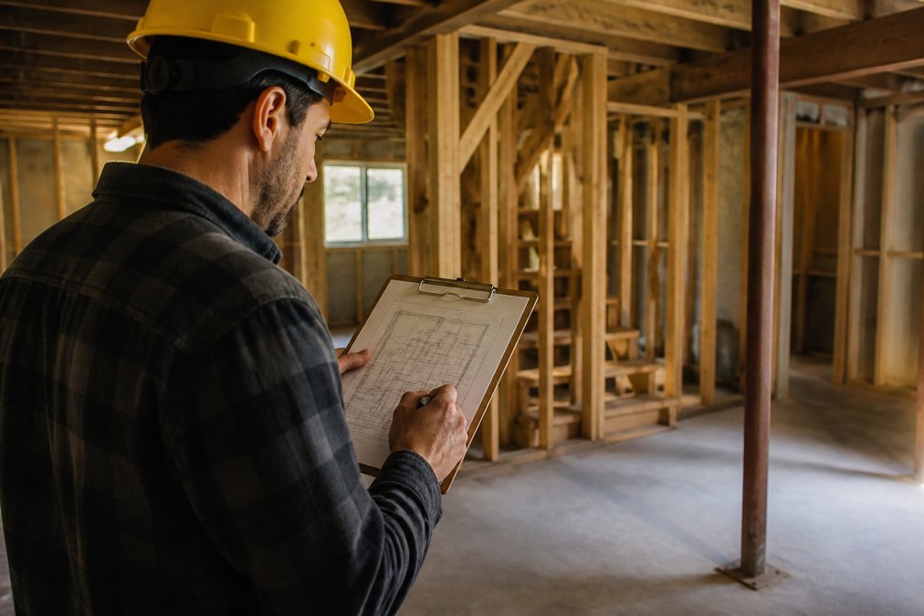 Contractor reviewing building plans and blueprints on a clipboard at a construction site with structural framing visible and natural daylight