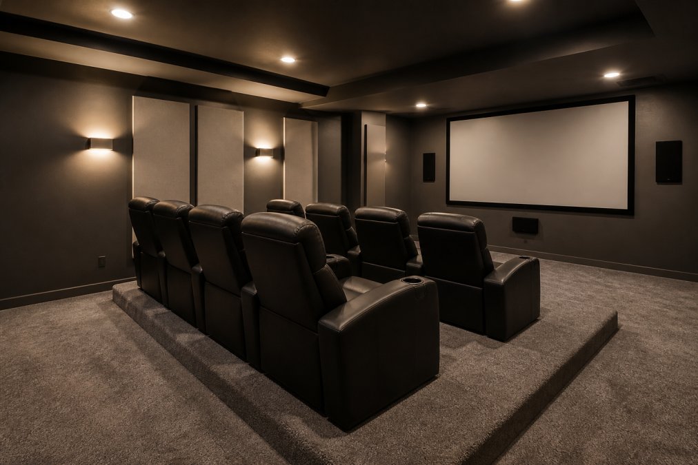 A finished basement home theater with two rows of black leather recliners on a carpeted riser platform, a large projection screen on the wall, and warm recessed lighting above