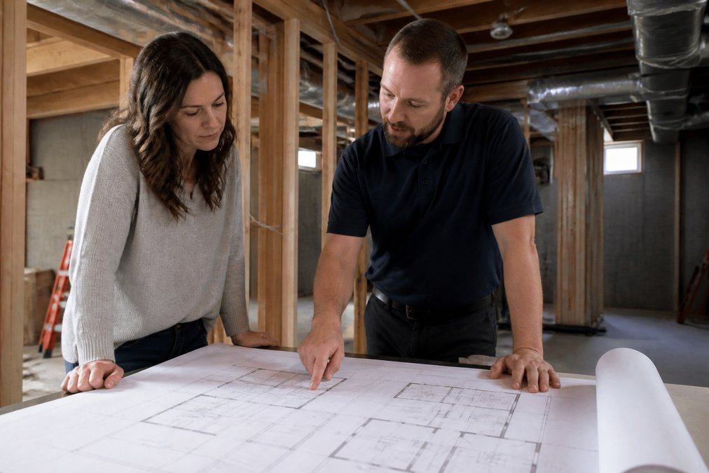 Licensed contractor reviewing basement renovation blueprints and structural plans with homeowner in existing basement space, pointing to framing elements and design layout details