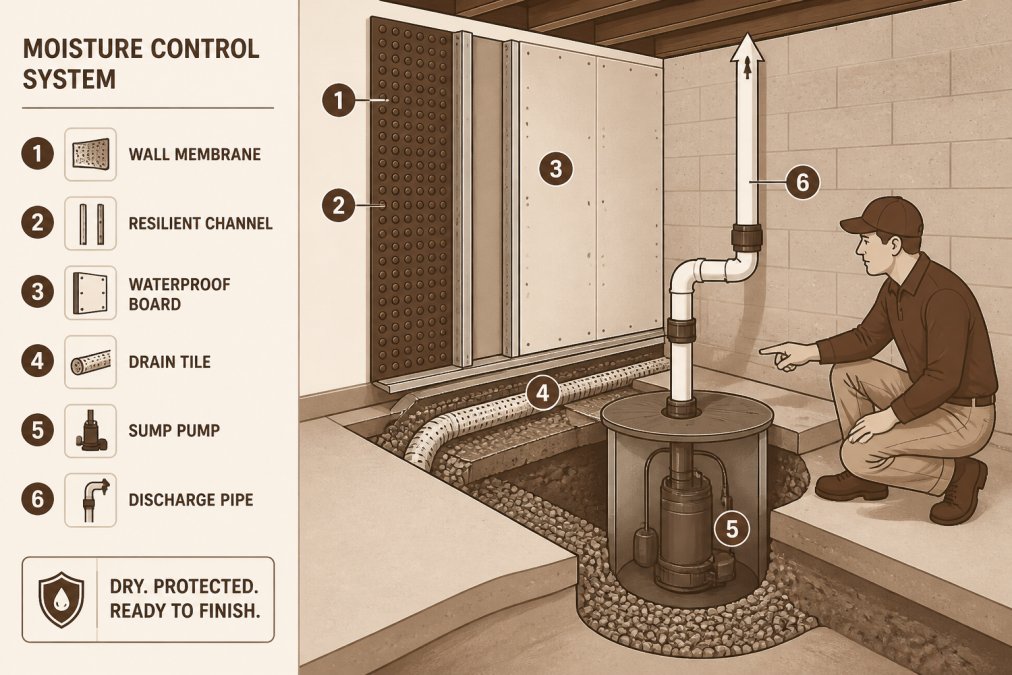 Professional basement contractor pointing out waterproofing installation details and sump pump setup in basement corner, showing moisture control materials and proper drainage system