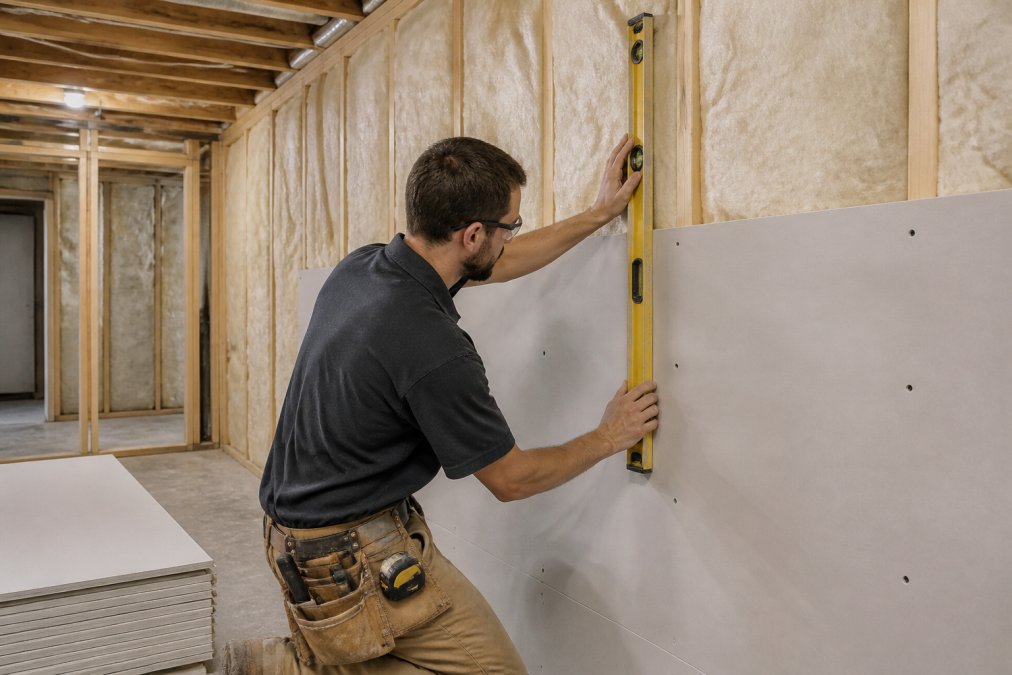 Contractor carefully installing drywall panels on basement walls with visible insulation behind, using precise measurement tools and level, natural work-site lighting