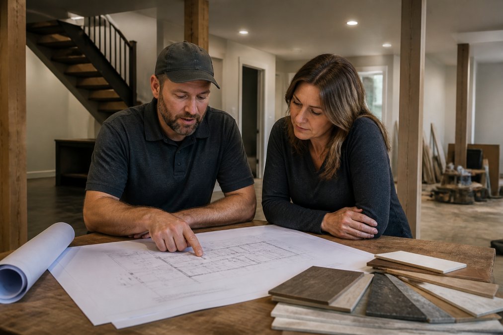 Contractor and homeowner reviewing basement renovation plans and blueprints together at a wooden table with rolled drawings and design samples