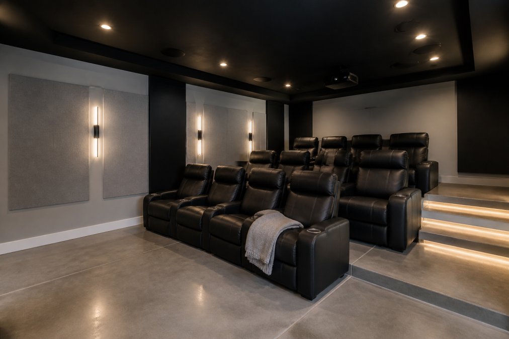 Finished basement with modern home theater seating arranged in tiered rows, ambient recessed lighting, professionally finished drywall with acoustic panels, and polished concrete flooring
