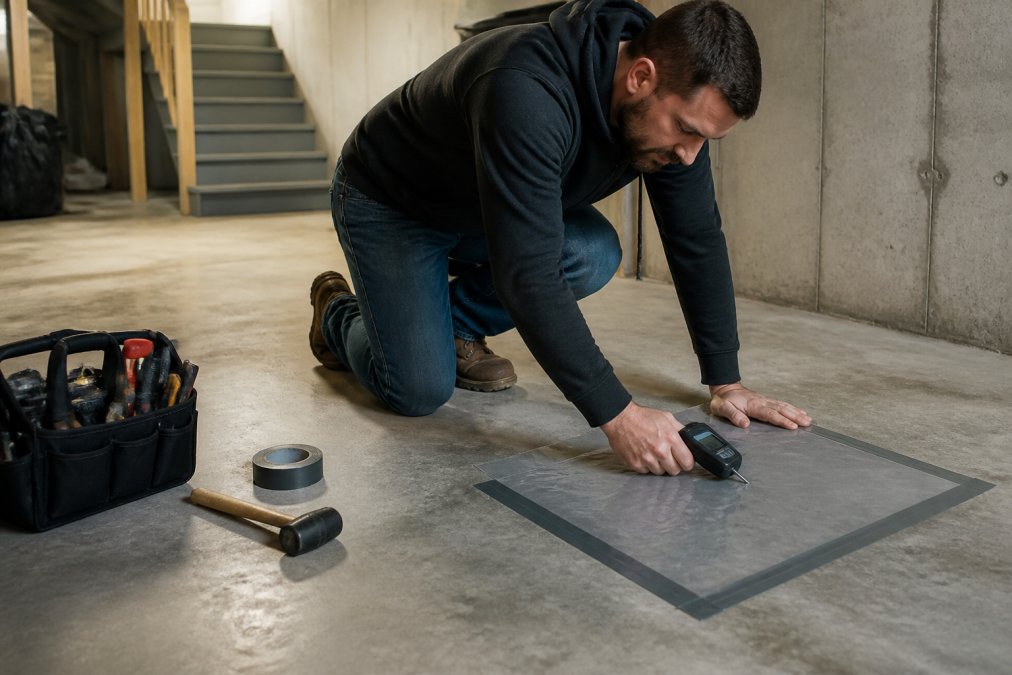 A homeowner kneeling on a bare concrete basement floor, pressing a plastic sheet taped to the slab and checking a handheld moisture meter reading, with remodeling tools nearby