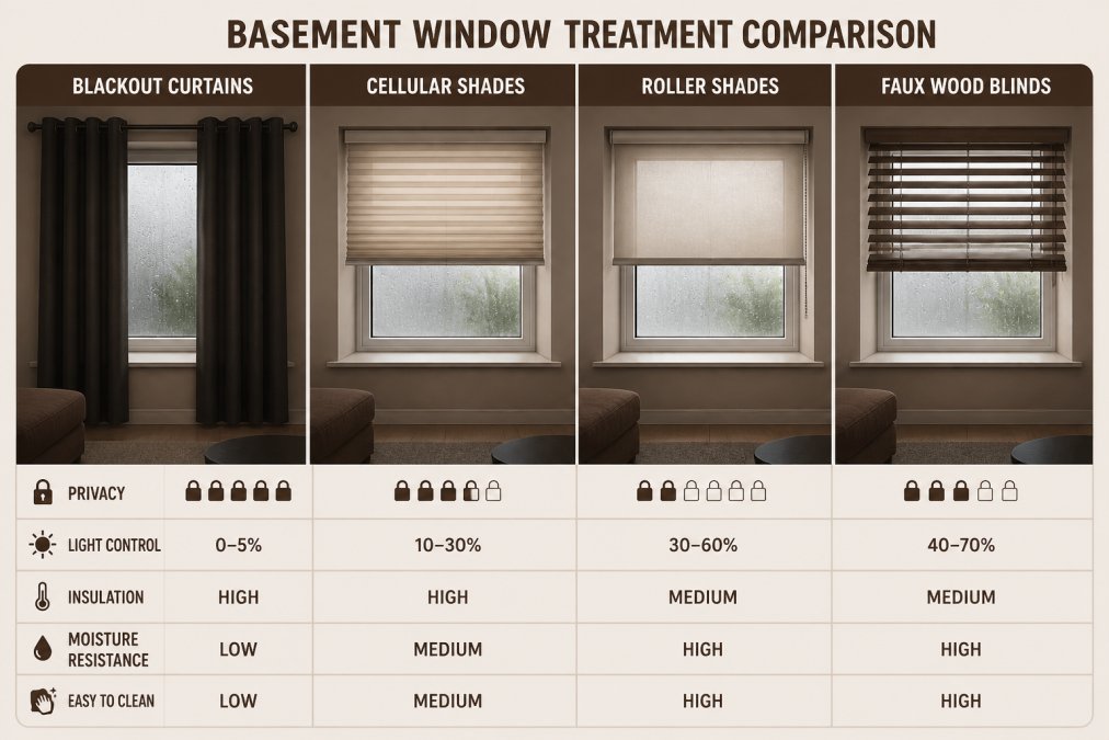 Infographic comparing basement window treatments including blackout curtains, cellular shades, roller shades, and blinds