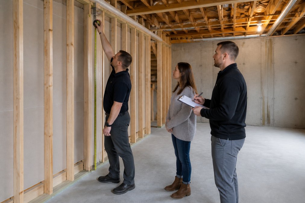 Professional contractor measuring basement space with client present, reviewing blueprints and taking notes on a clipboard while standing in an unfinished basement with concrete floors