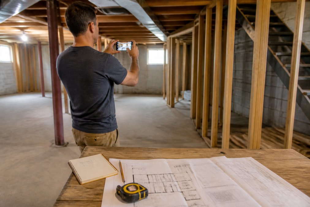 Homeowner taking measurements and photos of basement with smartphone and notepad, with blueprints and notes spread on a work table in natural basement lighting
