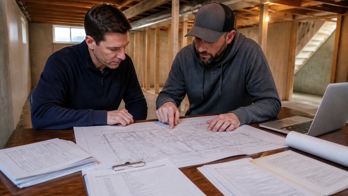 Homeowner and contractor reviewing detailed construction plans and permit documents spread across a table with a laptop and checklist visible in a basement space
