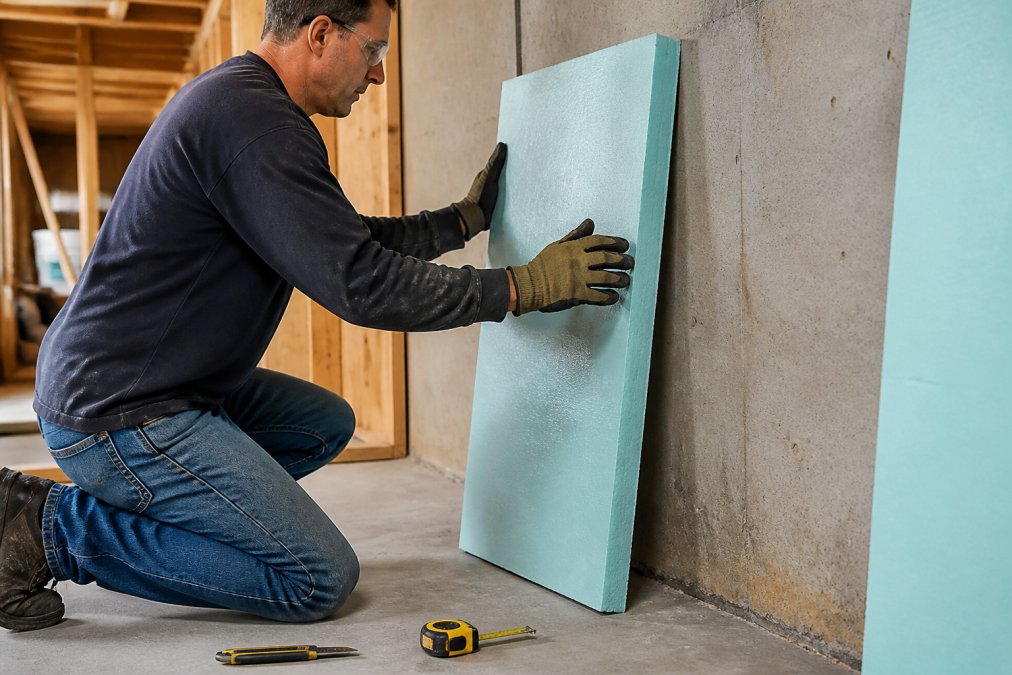 Homeowner wearing safety gear installing rigid foam board for basement insulation against a concrete wall