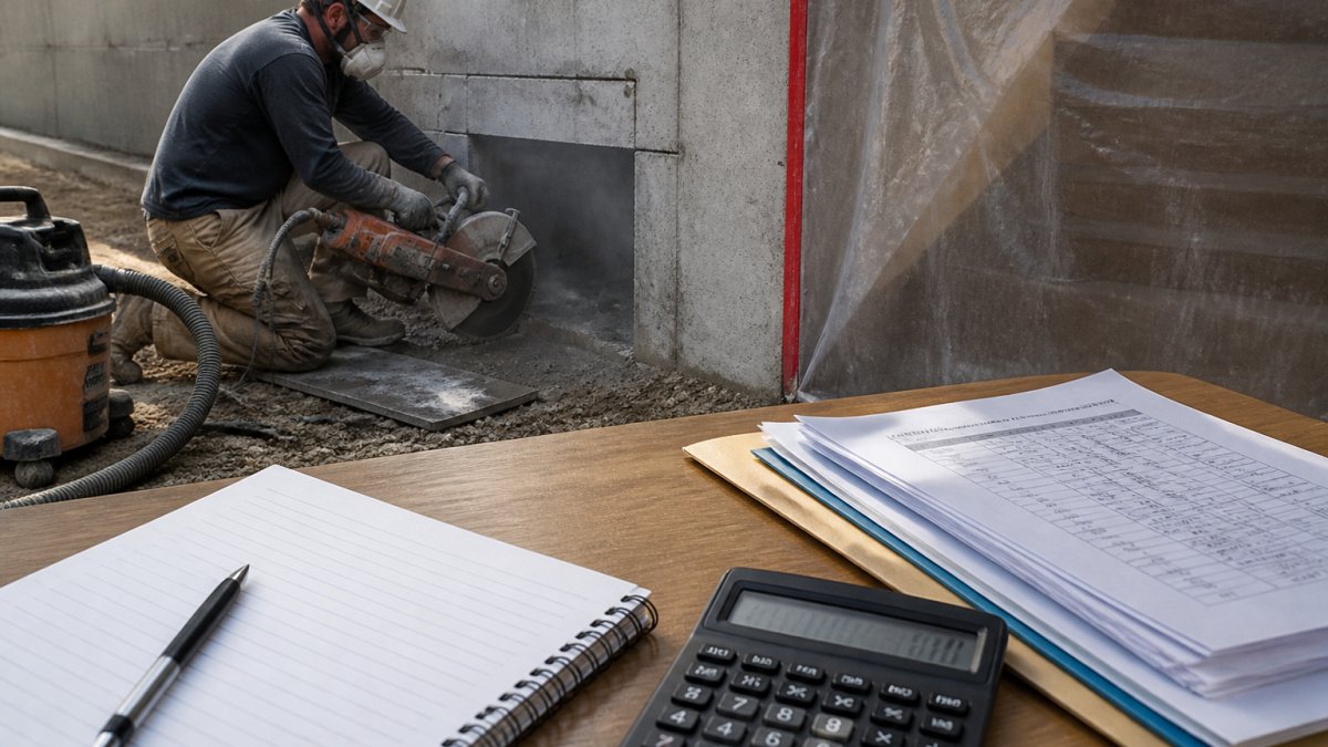 Contractor cutting a concrete foundation wall to install an egress window with dust control measures in place.