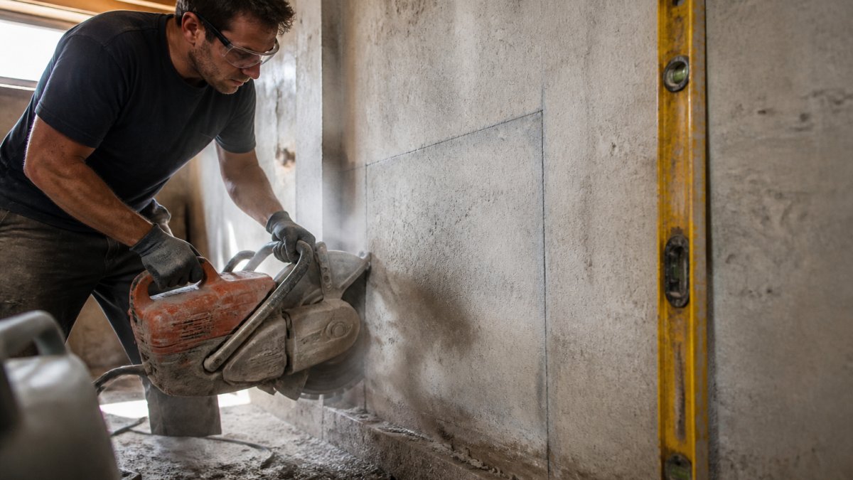 Homeowner cutting a concrete basement wall with a saw for egress window installation