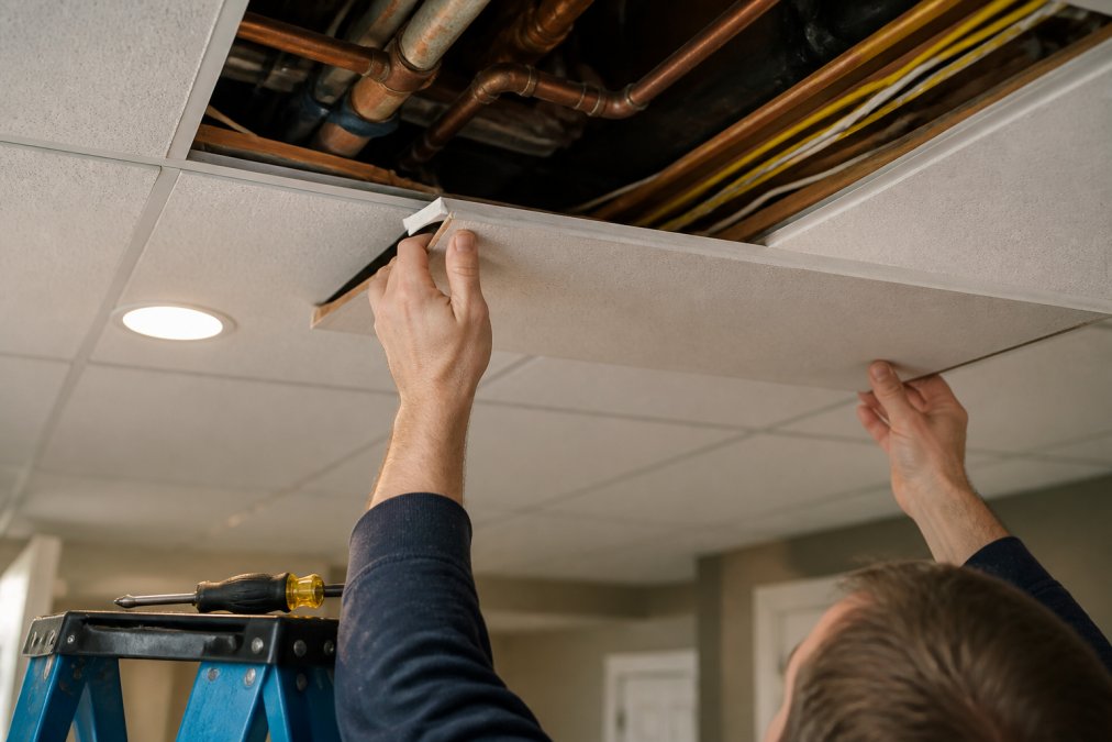 Homeowner lifting a drop ceiling tile to access pipes and wiring while comparing drywall vs drop ceiling options.
