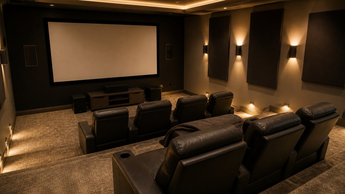 Tiered reclined seating facing a projection screen with surround sound speakers in a finished basement home theater