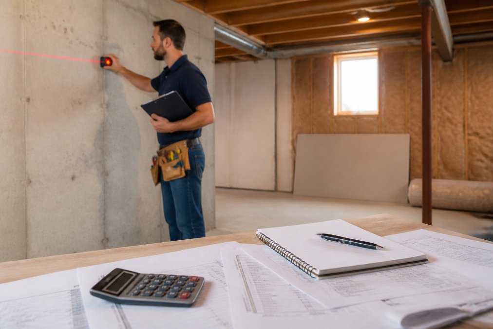 Professional contractor measuring basement walls with laser measurement tool while inspecting foundation and structural elements, holding clipboard with project notes in bright basement space